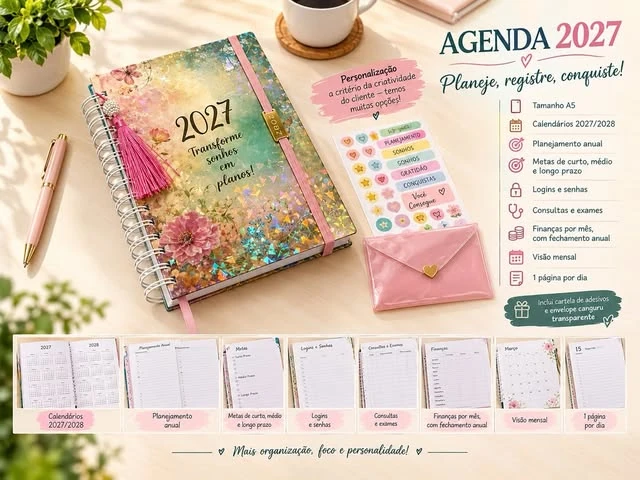 Agenda 2027 A5 com capa floral, elástico, pingente rosa, adesivos e envelope