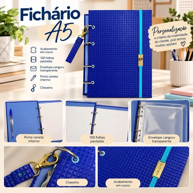 Fichário A5 azul com acabamento texturizado, elástico turquesa e chaveiro dourado