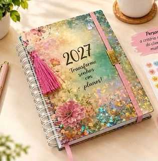 Agenda 2027 com capa floral colorida, elástico rosa e pingente