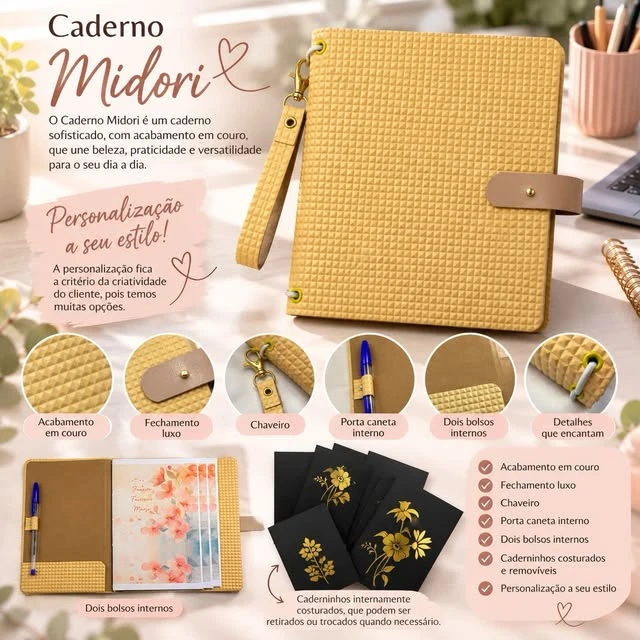 Caderno Midori em couro mostarda texturizado com fecho, chaveiro e cadernos internos